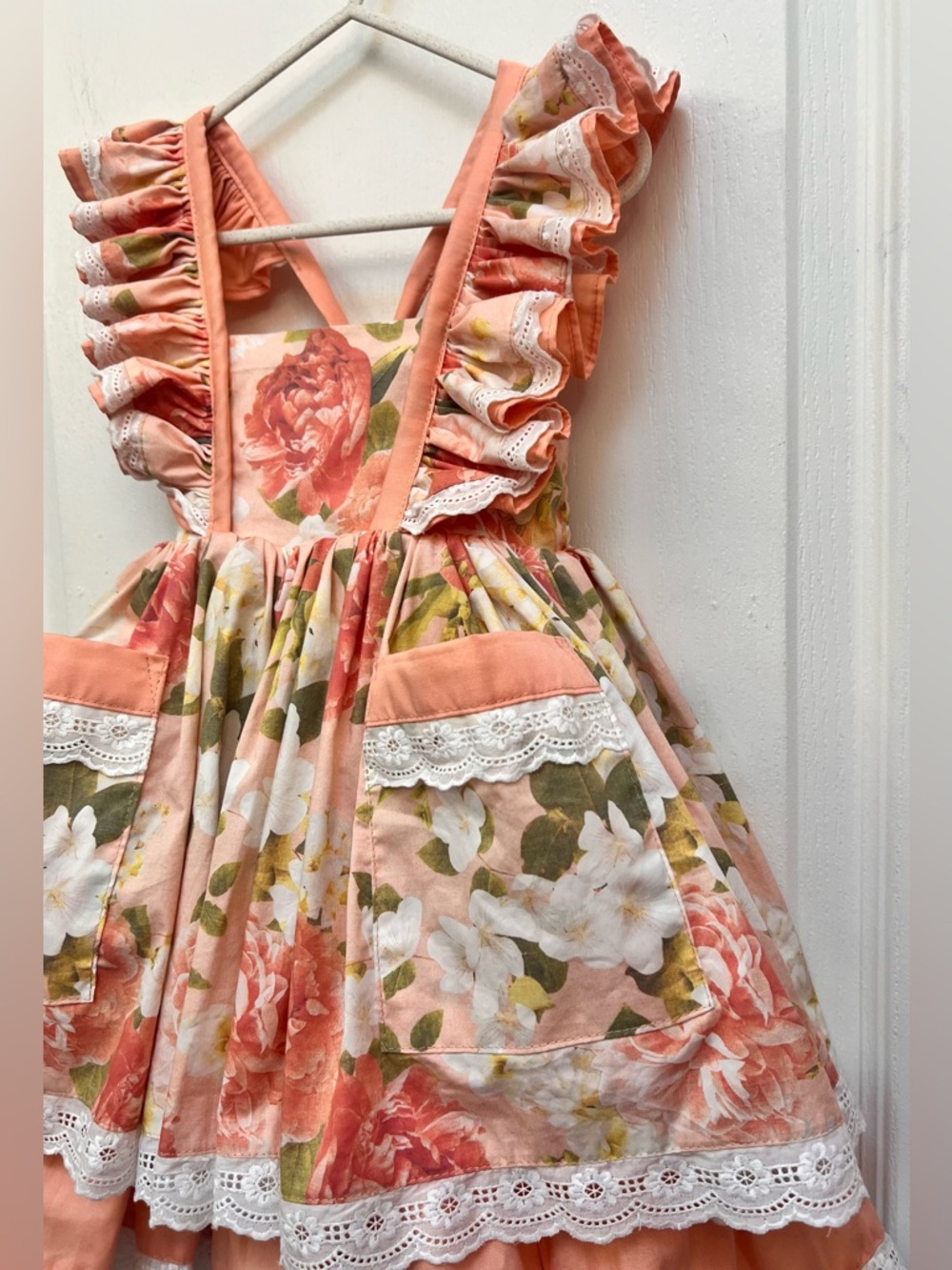 Monika Studio Girls Floral Ruffle Pinafore Dress - Peach/Coral  Floral Size 4 T - Picture 7 of 13